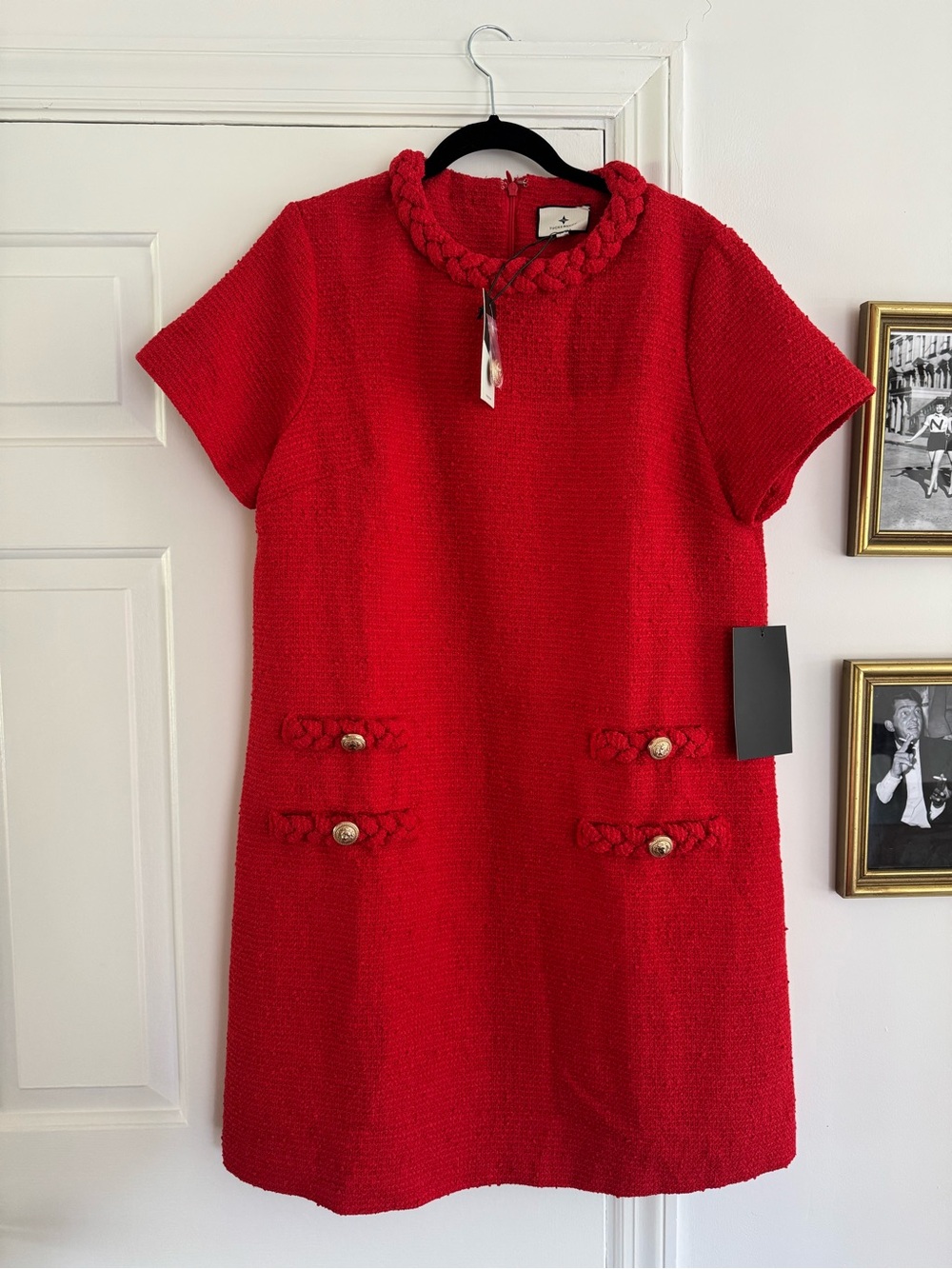 Tuckernuck Red Short-Sleeve Tweed Shift Dress with Braided Collar